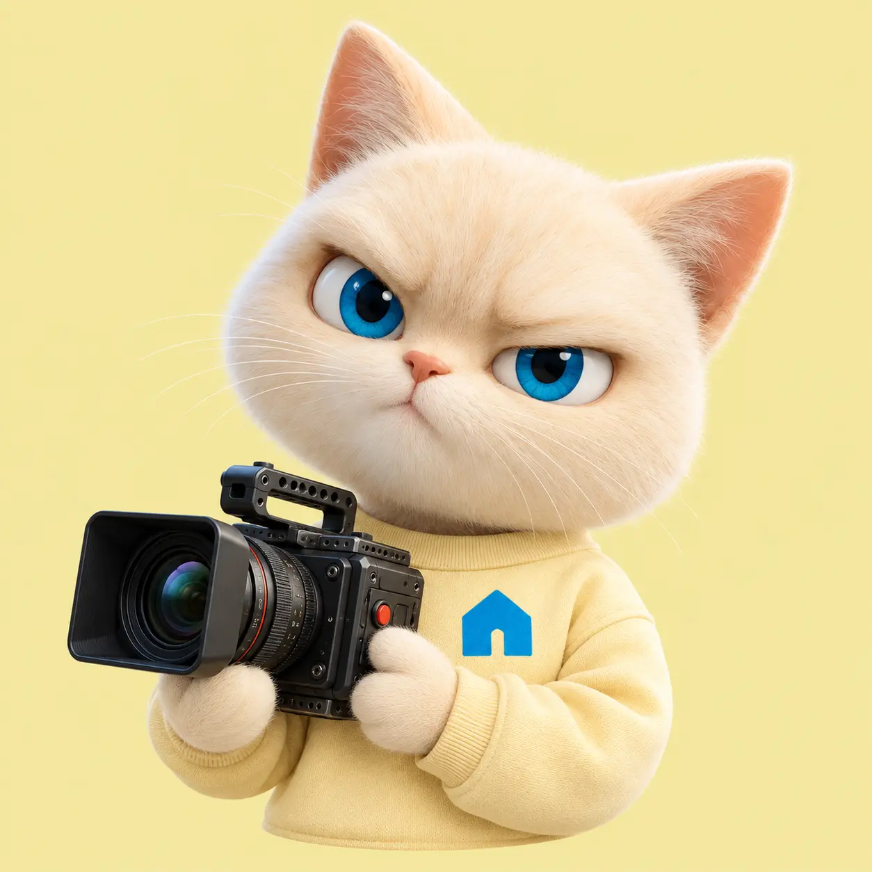 The Blue Haus cat holding a cinema camera