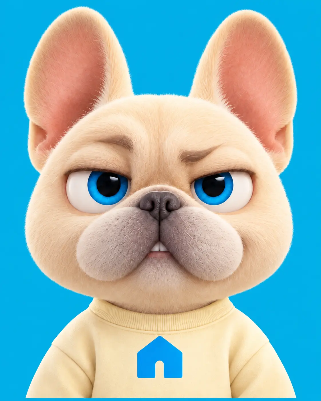 Hugo, our cheeky cartoon French bulldog, in a butter sweatshirt with the blue house logo